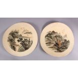 A PAIR OF CHINESE CICULAR PAINTINGS ON TEXTILE - each depicting a native landscape view, 30cm