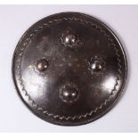 A 19TH CENTURY INDIAN INLAID SILVER & GOLD STEEL SHIELD, with four raised stud bosses, inlaid with