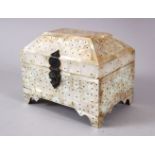 A GOOD INDIAN INLAID MOTHER OF PEARL CASKET FORM LIDDED BOX, with pearl inlaid throughout, metal
