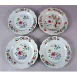 FOUR 18TH CENTURY CHINESE FAMILLE ROSE PORCELAIN PLATES, each decorated with floral spray