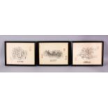 THREE FRAMED CHINESE TEMPLE RUBBINGS, each with a different view of a figure upon horses, each