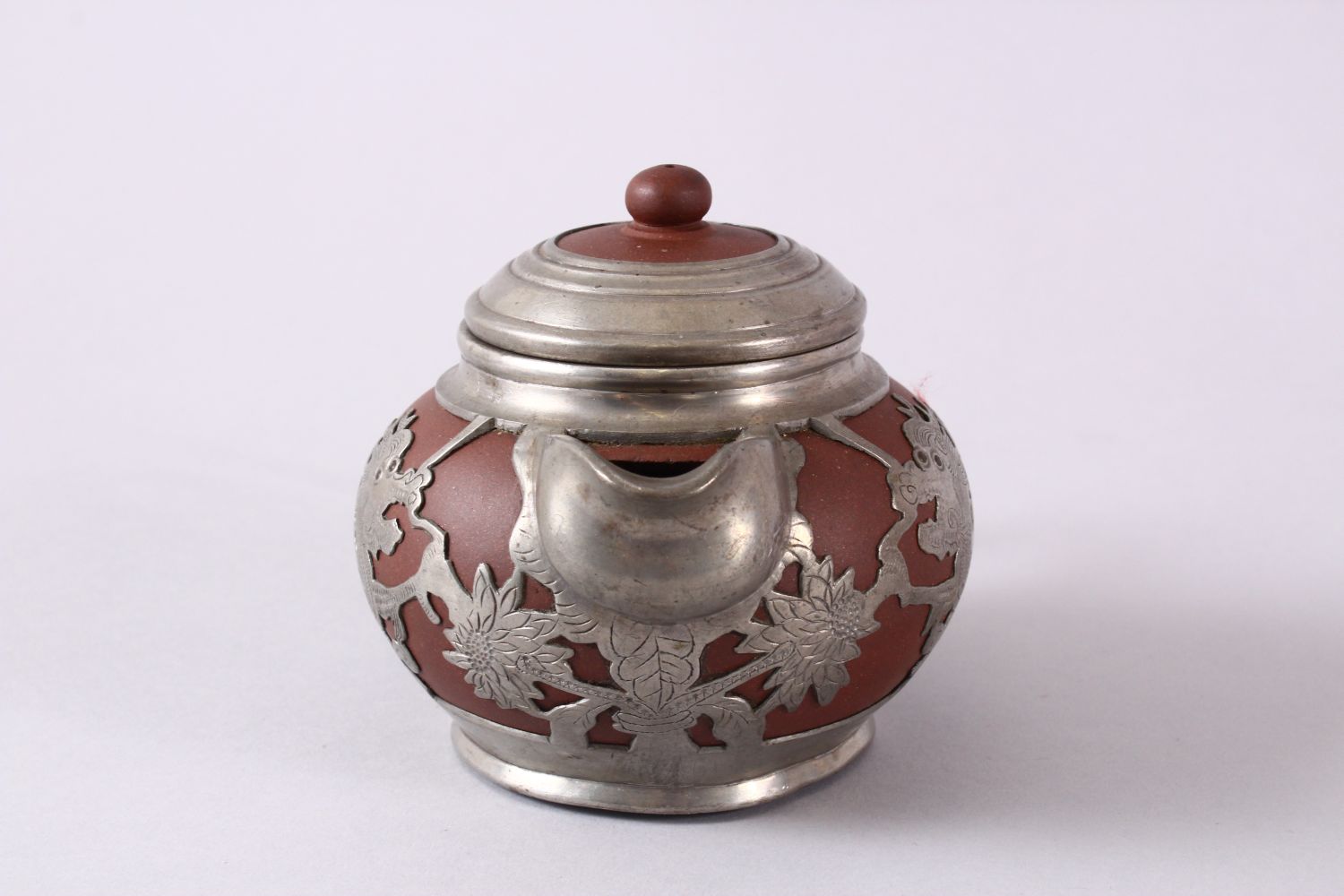 A CHINESE YIXING CLAY & WHITE METAL DRAGON TEAPOT, The body of the teapot encapsulated with a carved - Image 2 of 9