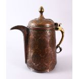 A 19TH CENTURY INDO PERISAN TINNED COPPER CALLIGRAPHIC JUG / EWER, the body with carved floral