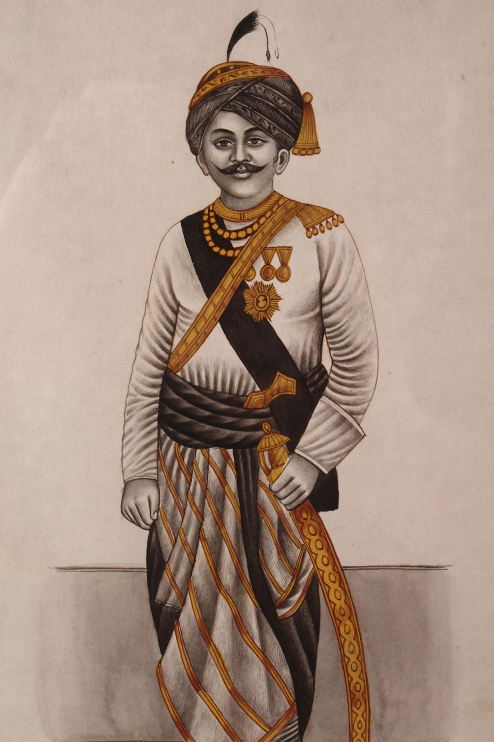 AN INDIAN SCHOOL PORTRAIT MUGHAL MINIATURE OF A SOLDIER, stood in his outfit bearing his arms and - Image 2 of 4