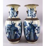 A LARGE PAIR OF CHINESE BLUE & WHITE CRACKLE GLAZED PORCELAIN VASES, decorated with birds amongst