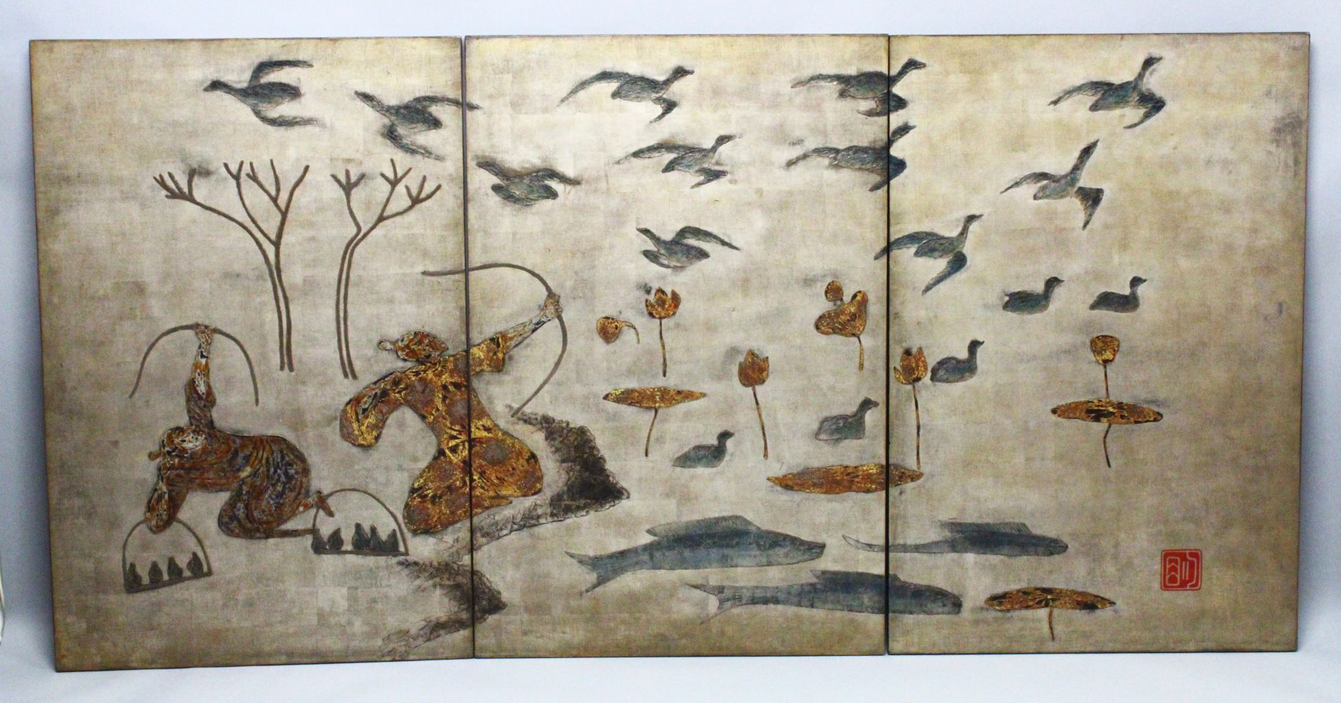 A SUPERB VIETNAMESE THREE PANEL PAINTING OF A HUNTING SCENE ATTRIBUTED TO NGUYEN VAN MINH, Wood