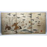 A SUPERB VIETNAMESE THREE PANEL PAINTING OF A HUNTING SCENE ATTRIBUTED TO NGUYEN VAN MINH, Wood