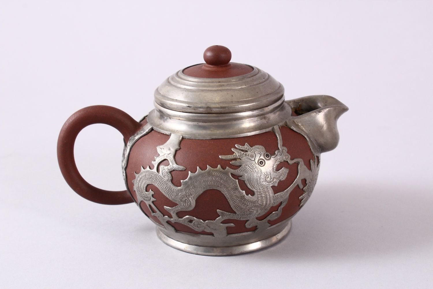 A CHINESE YIXING CLAY & WHITE METAL DRAGON TEAPOT, The body of the teapot encapsulated with a carved - Image 3 of 9