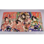 THREE JAPANESE MEIJI TRIPTYCH WOOD BLOCK PRINTS - UNKNOWN ARTIST - each tryptick depicting kabuki