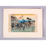A JAPANESE WOODBLOCK PRINT - FIGURES AND HORSE - the figures stood in a windswept landscape with a