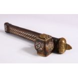 A 19TH CENTURY TURKISH INLAID SILVER & COPPER CALLIGRAPHIC PEN BOX & INKWELL, 23cm