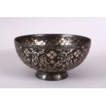 A FINE 19TH CENTURY INDIAN BIDRI SILVER INLAID BOWL, 12.5cm diameter.