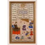 A QAJAR MINATURE PAINTING ON MANUSCRIPT - depicting figures before a prince, in calligraphic