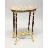 A DECORATIVE FRENCH DESIGN MARBLE, MAHOGANY AND ORMOLU OVAL OCCASIONAL TABLE. 2ft 6.5ins high x