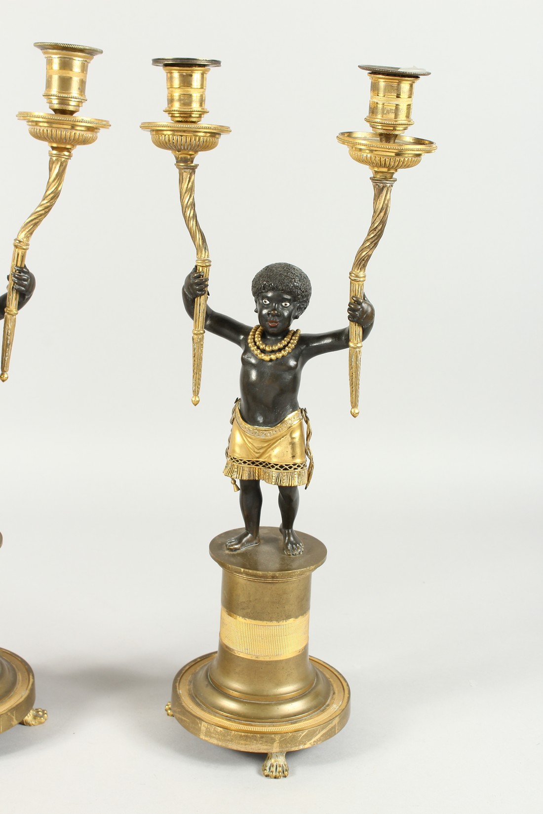 A SUPERB PAIR OF EMPIRE BRONZE AND GILT BRONZE TWO BRANCH CANDLESTICKS of nubian children holding - Image 3 of 9