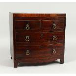 AN APPRENTICE GEORGIAN MAHOGANY BOWFRONT CHEST with beaded top, 2 short and 2 long with brass