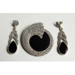 A SILVER MARCASITE BROOCH AND EARINGS