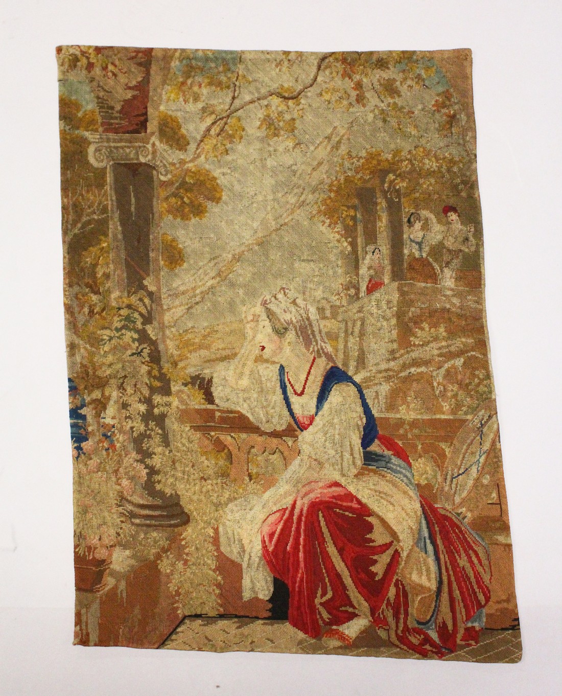 AN EARLY NEEDLEWORK FABRIC, lady seated beside an open window 2ft 2ins x 1ft 7ins.