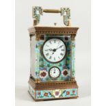 A LARGE CLOISONNE ENAMEL CARRIAGE CLOCK with strike action. 6.5ins high