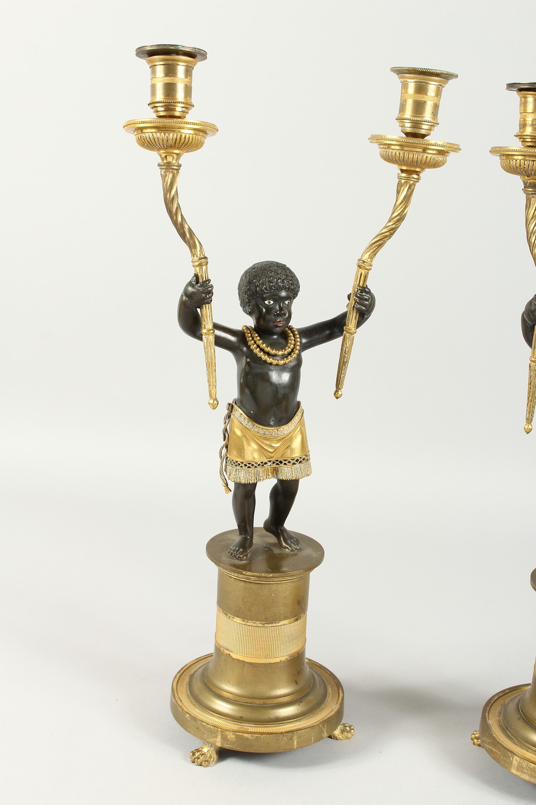 A SUPERB PAIR OF EMPIRE BRONZE AND GILT BRONZE TWO BRANCH CANDLESTICKS of nubian children holding - Image 2 of 9