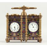 A GOOD CLOISONNE DOUBLE FRENCH CLOCK WITH CLOCK BAROMETER. 5ins high.