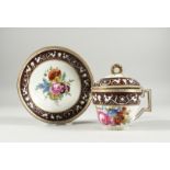 A DRESDEN AUGUSTUS REX CORDIAL CUP AND SAUCER AND LID, painted with flowers Augustus Rex mark.