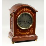 A GOOD MAHOGANY INLAID MUSICAL BRACKET CLOCK, with dial, 8 day movement, sitting on four hammers