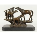 MILO - A GOOD BRONZE OF THREE HORSES on a marble base. Signed, 15ins long