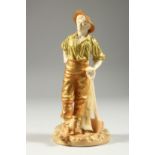 A ROYAL WORCESTER GILDED FIGURE 'THE GARDENER' a young man resting on a spade. Pattern no. 1810,