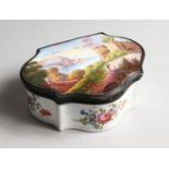 A LARGE ENAMEL BOX AND COVER the top painted with a lake, ruined castle and figure, the sides and