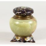 A 19TH CENTURY ONYX AND CLOISONNE ENAMEL INKWELL. 4.5ins.