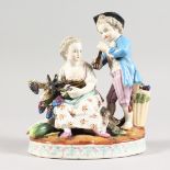 A 19TH CENTURY MEISSEN STYLE PORCELAIN GROUP OF A BOY AND GIRL holding grapes, with a goat. 6 ins