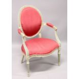 AN ADAM PAINTED WOOD OVAL BACK ARM CHAIR, with sepentine fronted padded seat on turned flank legs.