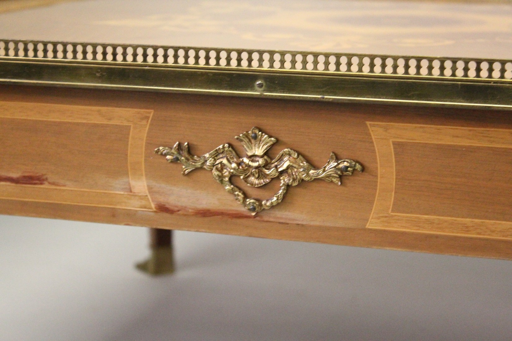 A LOUIS XVITH SQUARE TOP COFFEE TABLE, with inlaid topand brass grill on Egyptian brass legs with - Image 3 of 5