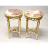 A PAIR OF FRENCH STYLE, ROUND, GILTWOOD AND MARBLE SQUARE SHAPE OCCASIONAL TABLES. 2ft 7ins high x