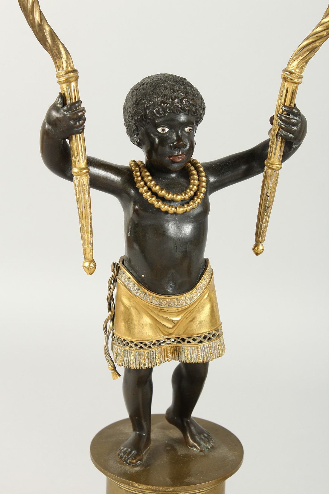 A SUPERB PAIR OF EMPIRE BRONZE AND GILT BRONZE TWO BRANCH CANDLESTICKS of nubian children holding - Image 4 of 9