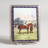 A SUPERB SILVER AND ENAMEL CIGARETTE CASE with enamel lid, horse and jockey 3.5ins x 3ins.