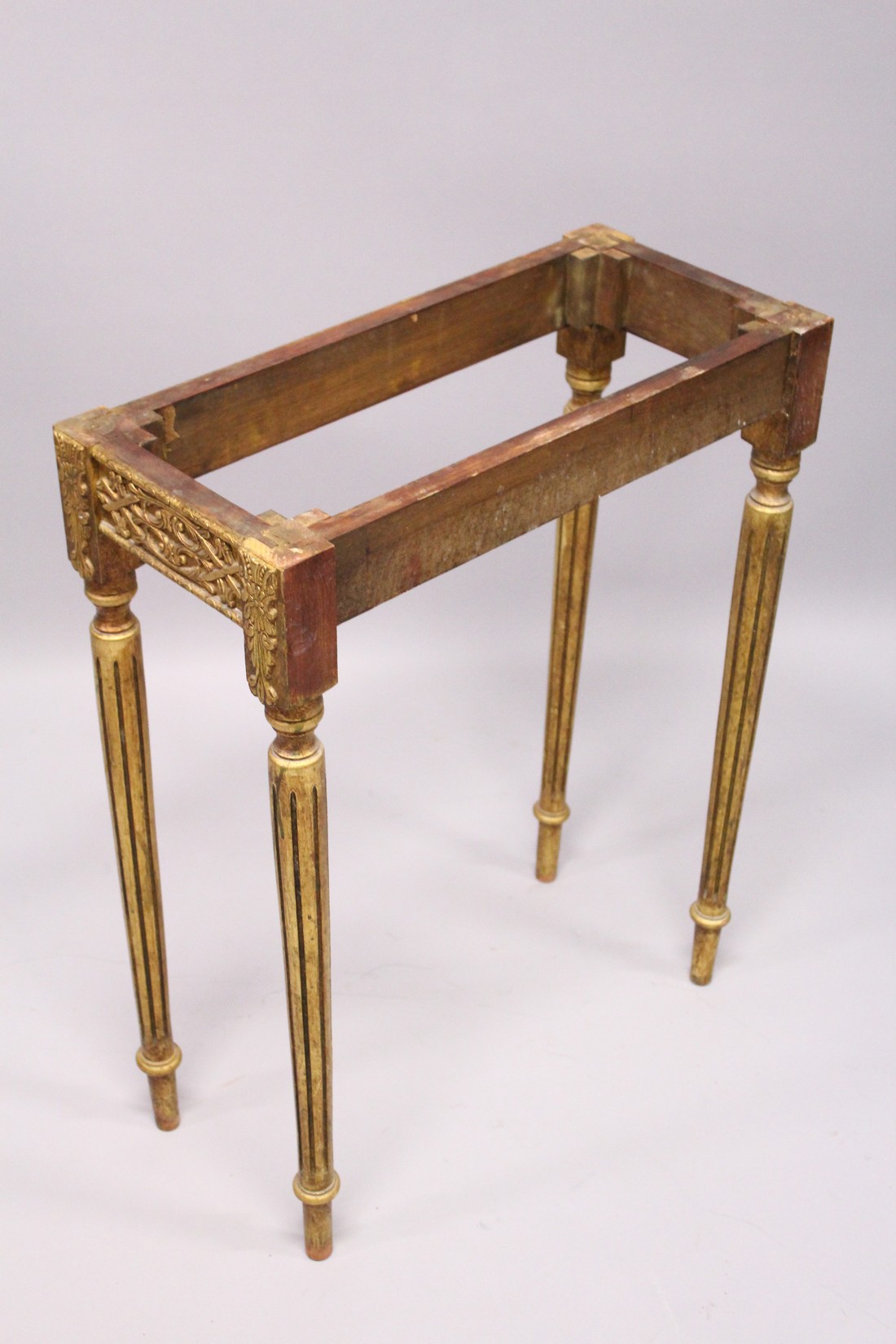 A SMALL GILDED SIDE TABLE, with marble top porcelain panels on turned tapering legs. 2ft long - Image 7 of 7