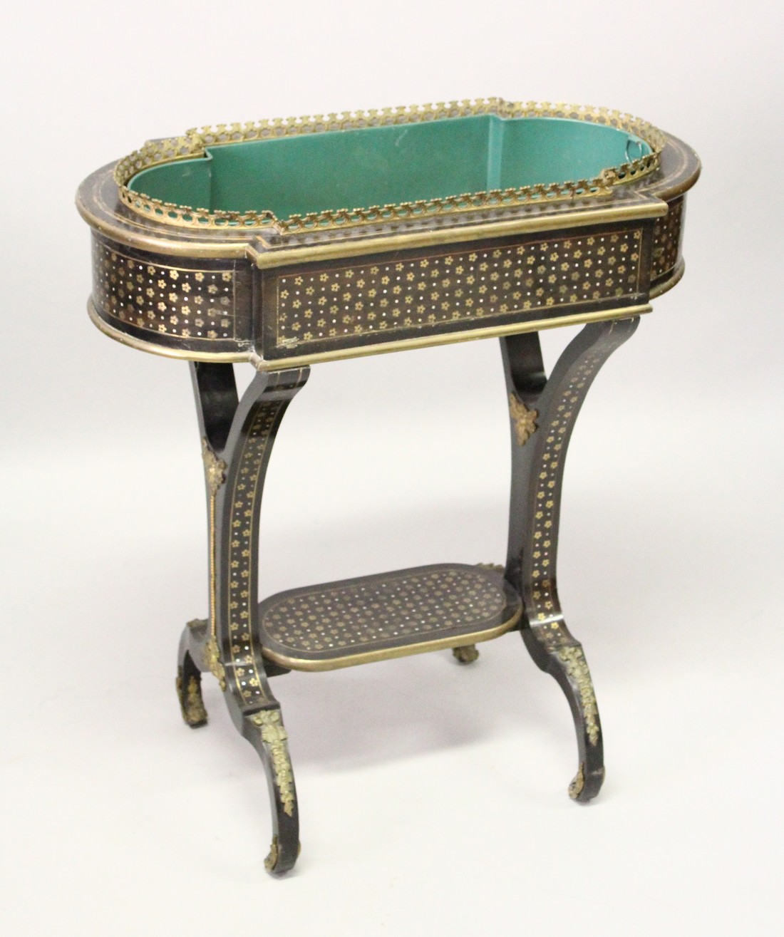 A VERY GOOD FRENCH 18TH /19TH CENTURY INLAID PLANTER, with brass grill, metal liner on curving end