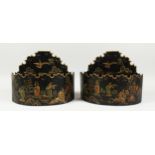 A PAIR OF BLACK TOLE WARE WALL POCKETS,Chinese design 11ins wide