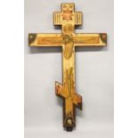A LARGE 18th / 19th CENTURY RUSSIAN ORTHODOX PAINTED WOODEN DOUBLE SIDED THREE BAR CROSS. 6ft long.