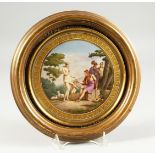 A SUPERB FRENCH PORCELAIN CIRCULAR PLAQUE, pierced with a classical scene 7ins diameter in a