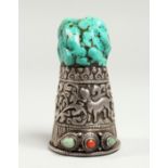 A RARE TIBETAN SILVER AND TURQUOISE SEAL