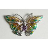 A SILVER AMETHYST SET PLIQUE ENAMEL BUTTERFLY BROOCH