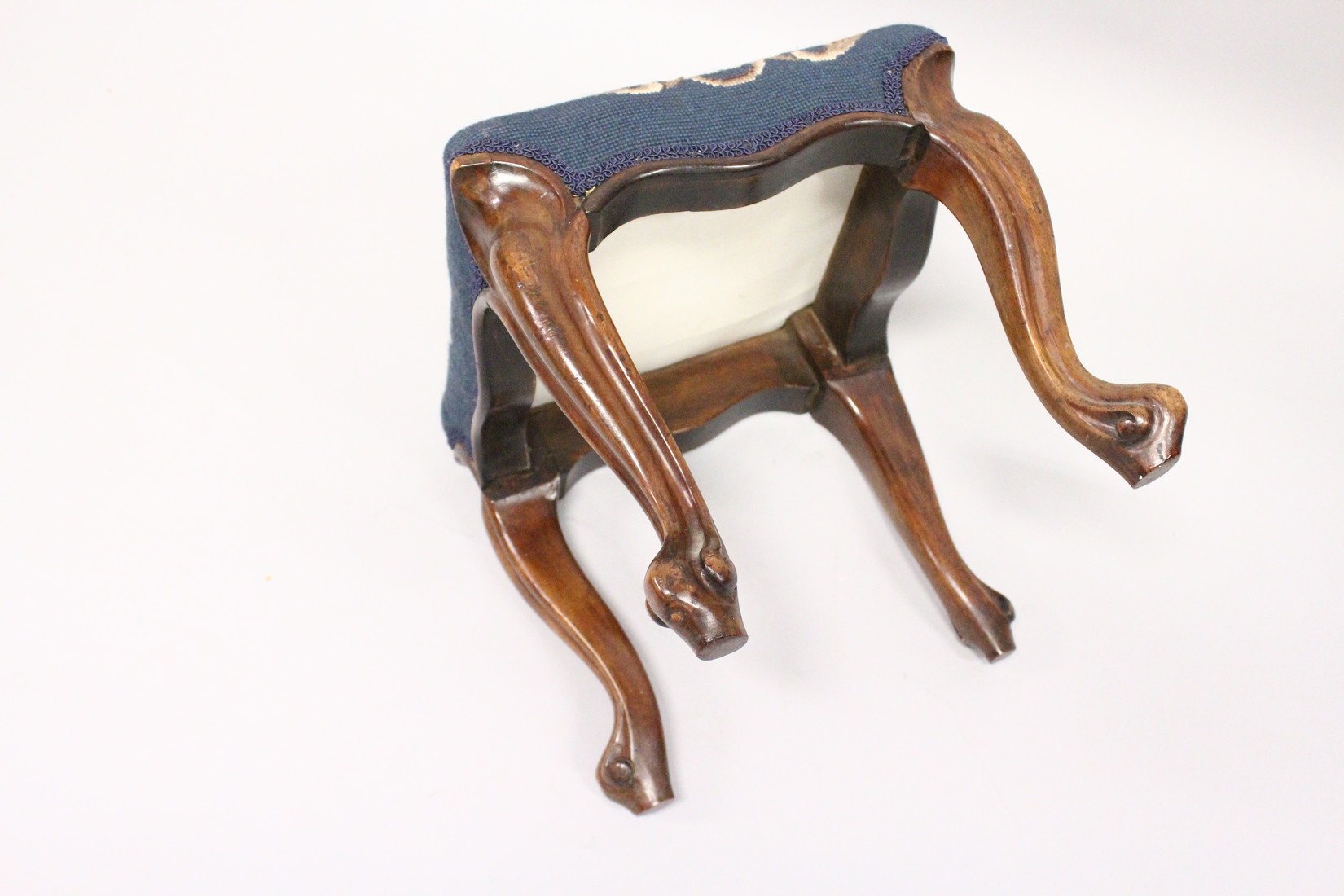 A VICTORIAN ROSEWOOD SQUARE TOP STOOL with floral needlework on cabriole legs. 1ft 1ins long. - Image 3 of 4