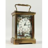 A TIFFANY & CO. FRENCH STYLE CARRIAGE CLOCK, the dial with shipping scenes. 6ins high.