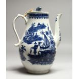 A CAUGHLEY BLUE AND WHITE WILLOW PATTERN COFFEE POT AND COVER, (fisherman pattern). 9ins high.