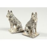 A PAIR OF .925 SILVER PLATED ALSATION DOG SALT AND PEPPERS