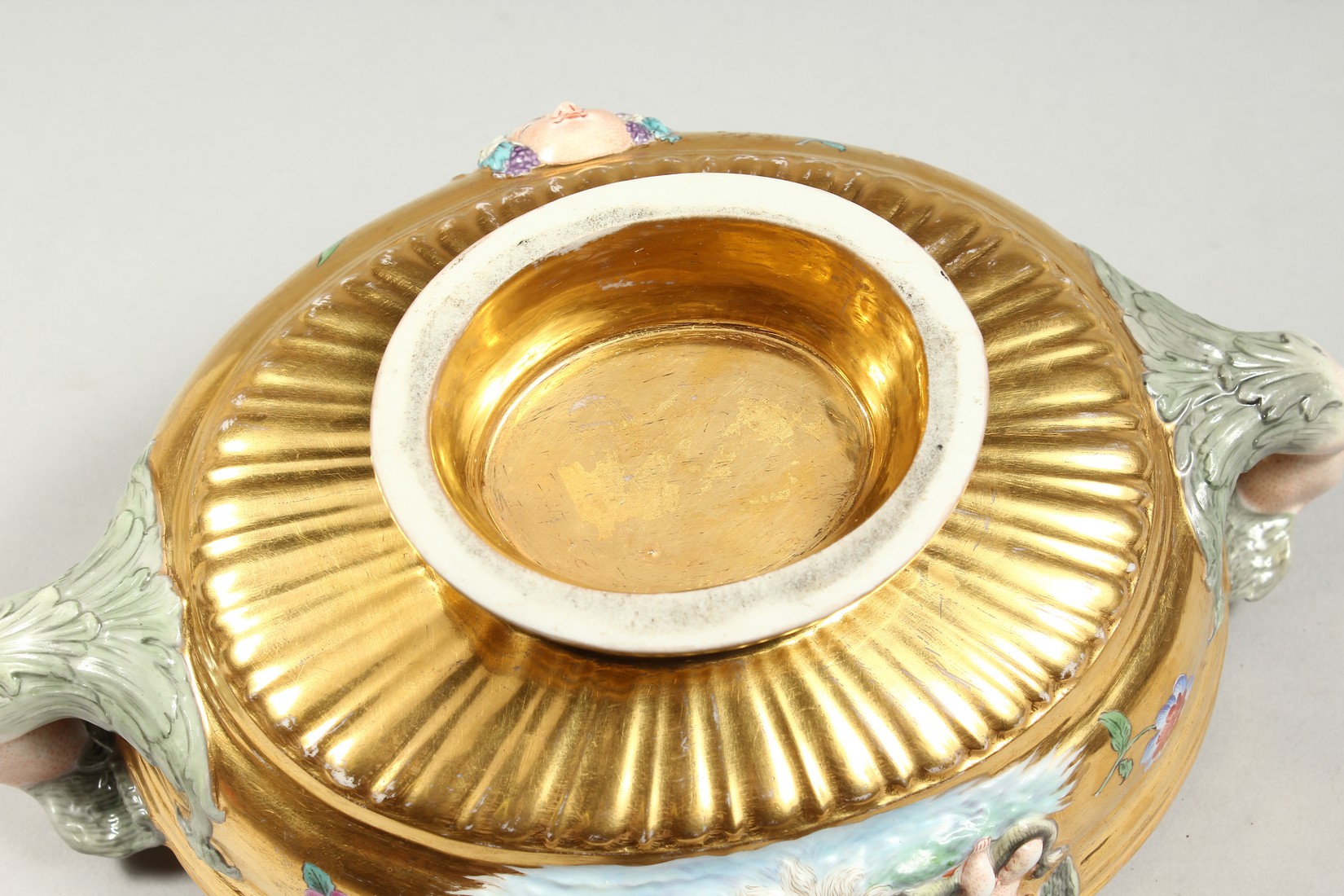 A GOOD BERLIN GILT GROUND OVAL BOWL with mermaid handles, masks and flowers. 8.5ins long - Image 8 of 8