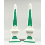 A GOOD PAIR OF MARBLE AND MALACHITE OBELISKS. 6" tall